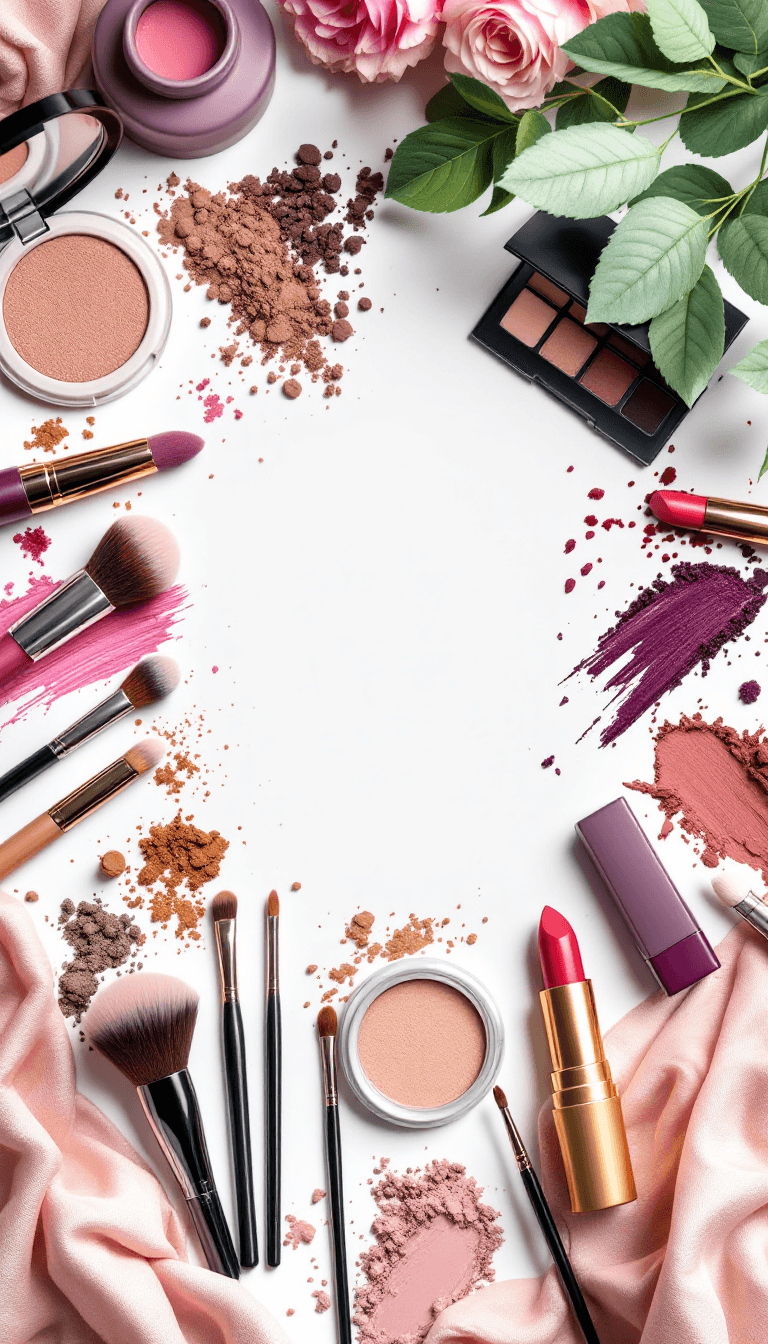 AI generated: a table with makeup products like brushes, eyeshadow, lipstick, and more --ar 2:3 --v 6.0

