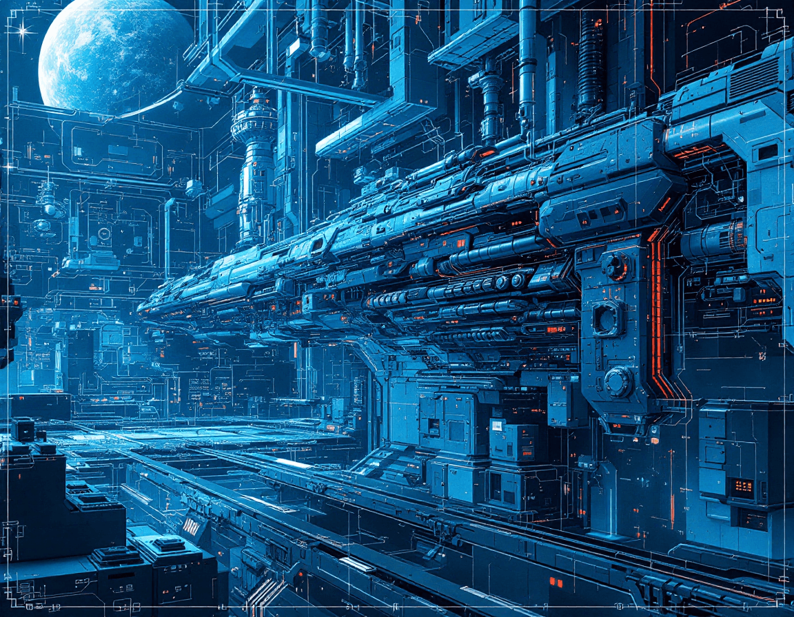 AI generated: Concept art of technical infrastructure blueprint schematics of a futuristic spacecraft, (in the sty...