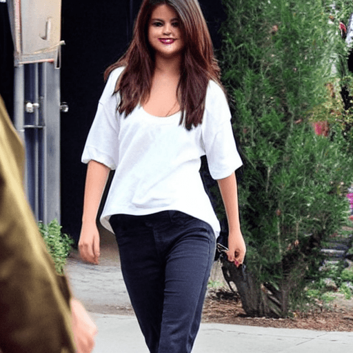 AI generated: hyper realistic, Selena Gomez smiling, clothes at her feet with her gigantic breast's out