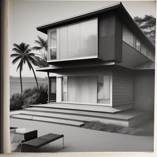 AI generated: Hyper realistic eye level exterior photo of a mid century modern style house overlooking the ocean, ...