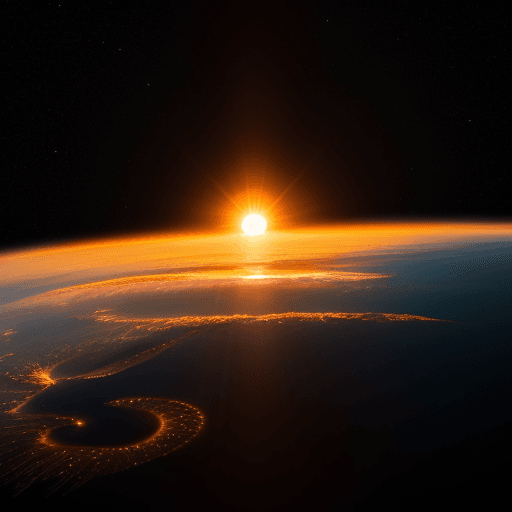 AI generated: our sun from space, earth foreground :: space photography 8k 
