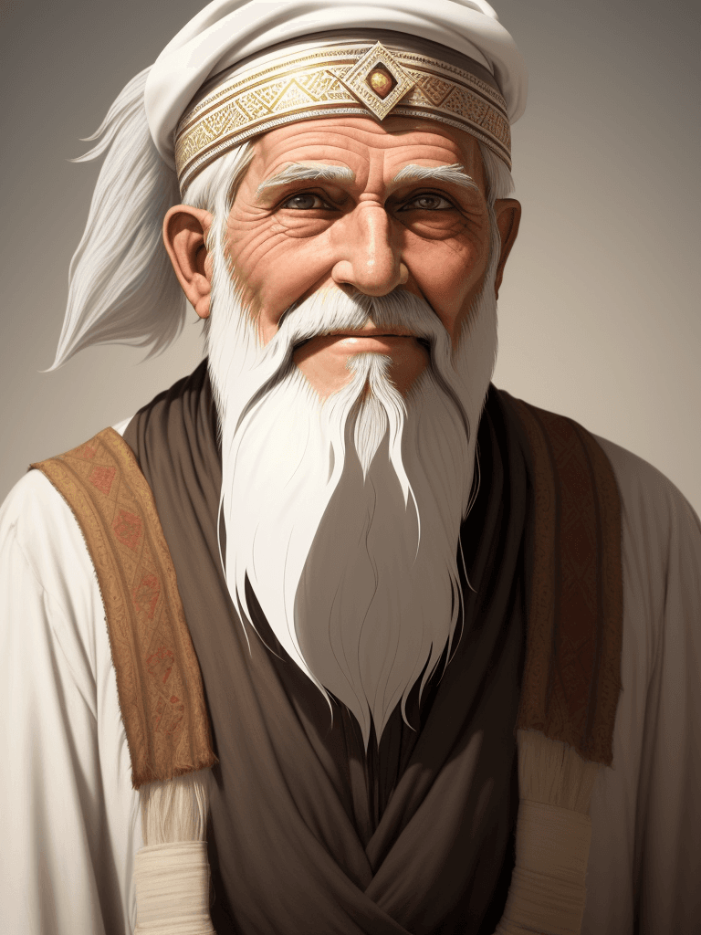 AI generated: the radiant face of an old man.  he has a long white beard and wears an Arab headdress