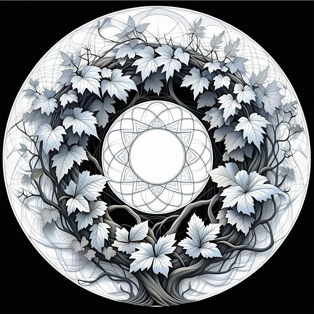 AI generated: **Leafy Harmony Mandala** – A botanical mandala with swirling vine patterns, oak and maple leaves, a...