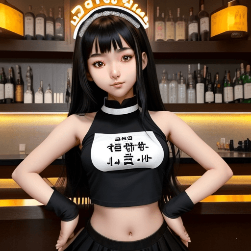 AI generated: Asian girl 21 years old, with crop tee maid costume, black long hair, hands under the chin making a ...