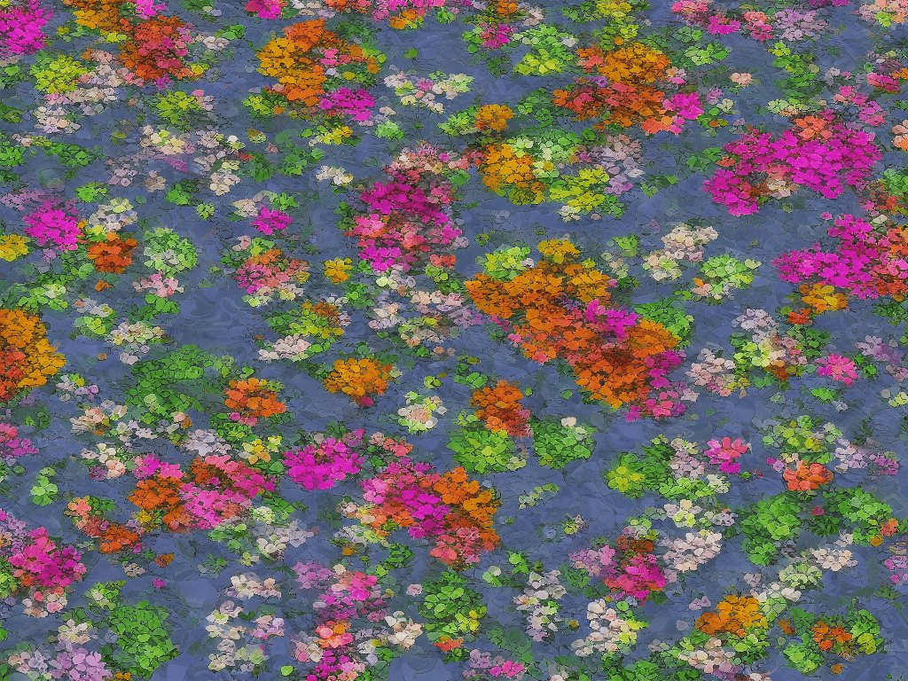 AI generated: flowers in pattern, 3D, realistic, art, real photography 3D render of a reflective lake