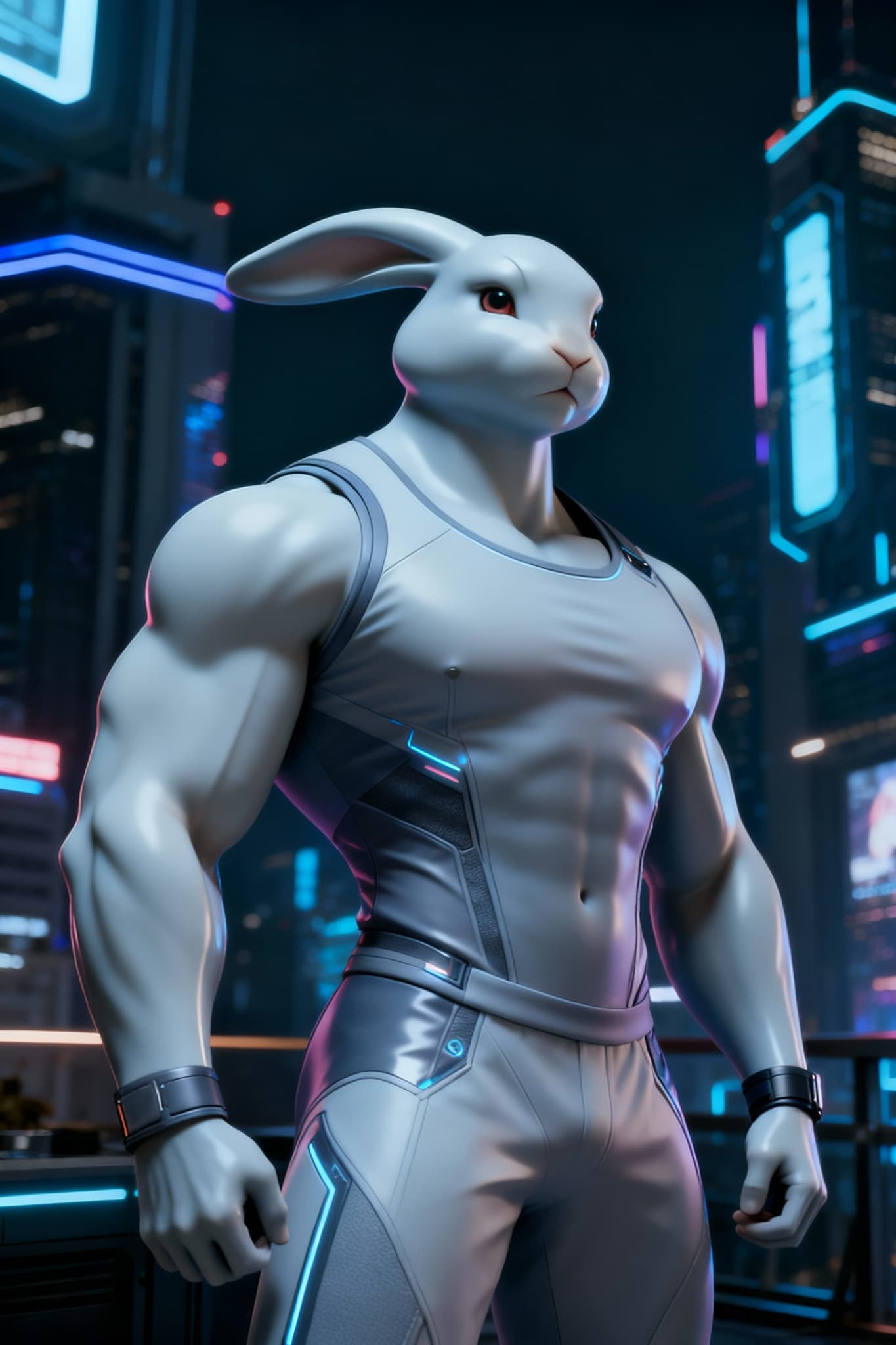 AI generated: Shape my Bugs character so that he is nothing like Bugs Bunny..  A 6-foot-5 anthropomorphic, muscula...