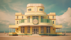 AI generated: Art deco hotel with an elegant design, glamorous seaside location, and marble facade, inspired by Vi...