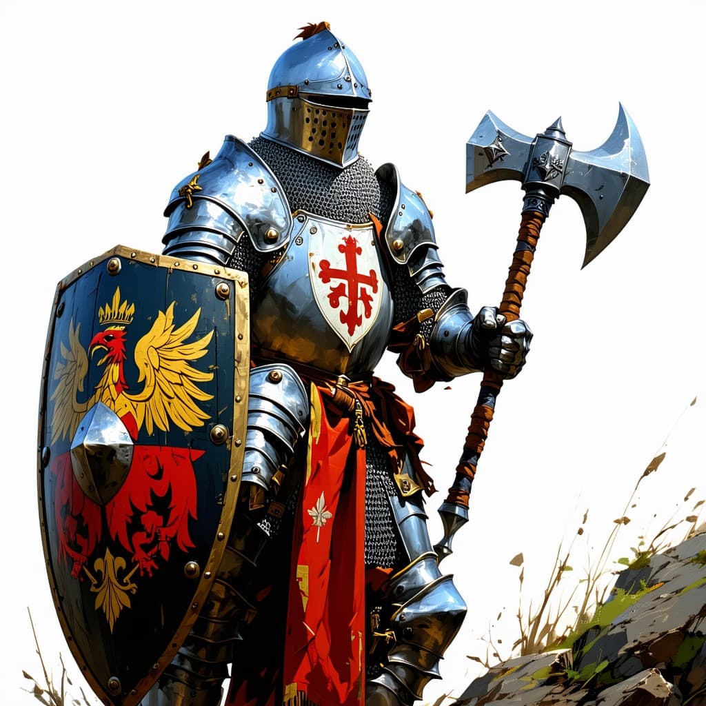 AI generated: a medieval knight in full plate armour, on foot, p.o.v. full body, holding a shield with his coat of...