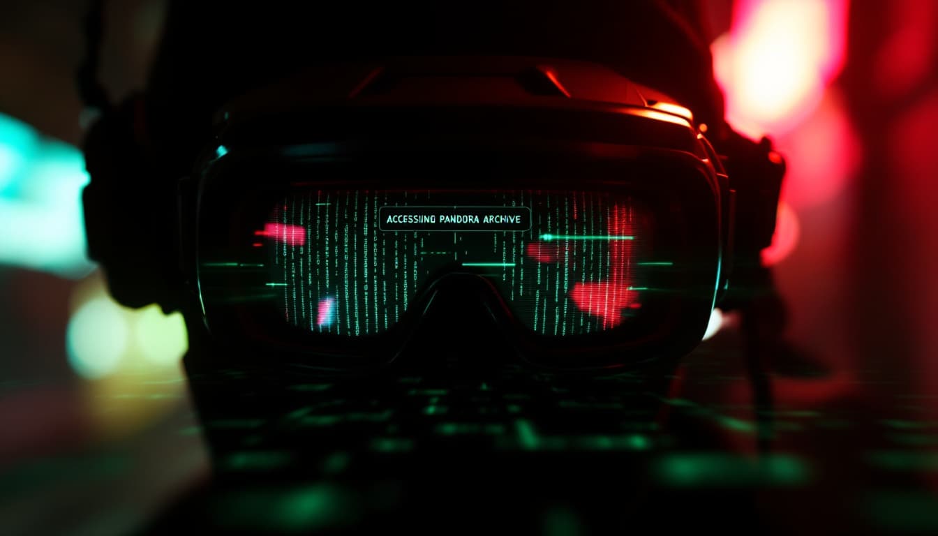 AI generated: First-person view through hacker's night vision goggles, lines of green code reflecting on lens, 'AC...