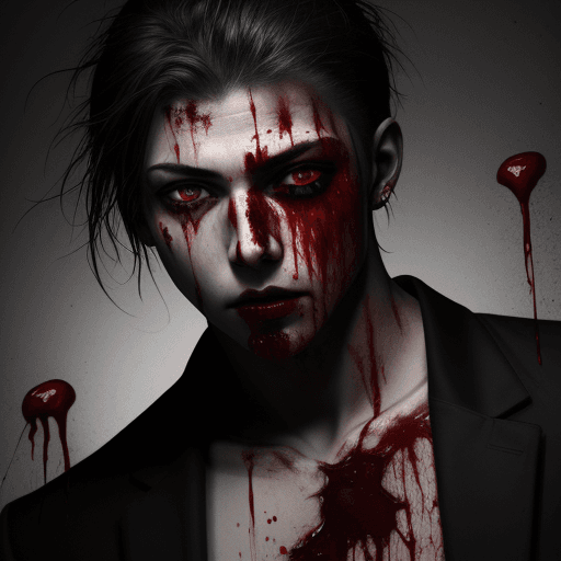 AI generated: blood, bloody, head with knives sticked, blood-colored black eyes, male, 12k