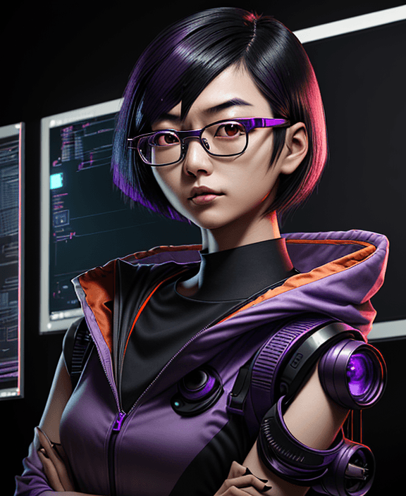 AI generated: young Asian thoughtful woman, shoulder-length purple and black hair, nerd, techie, a orange pair of ...