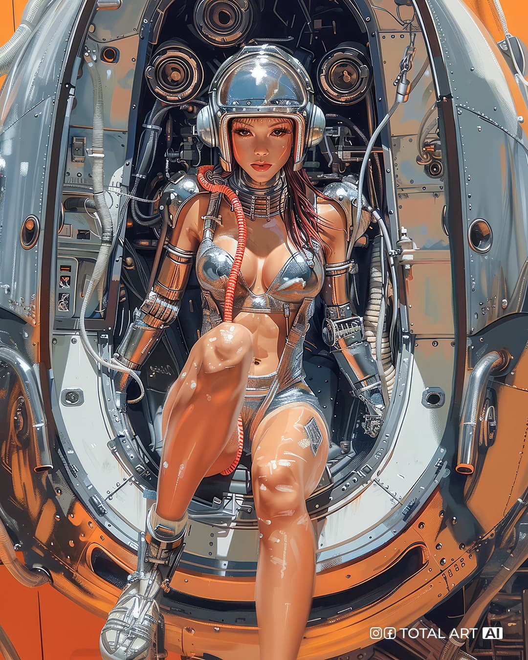 AI generated: Metallic beautiful gorgeous woman inside a giant robot, robot high tech, glamour posture, full of pi...