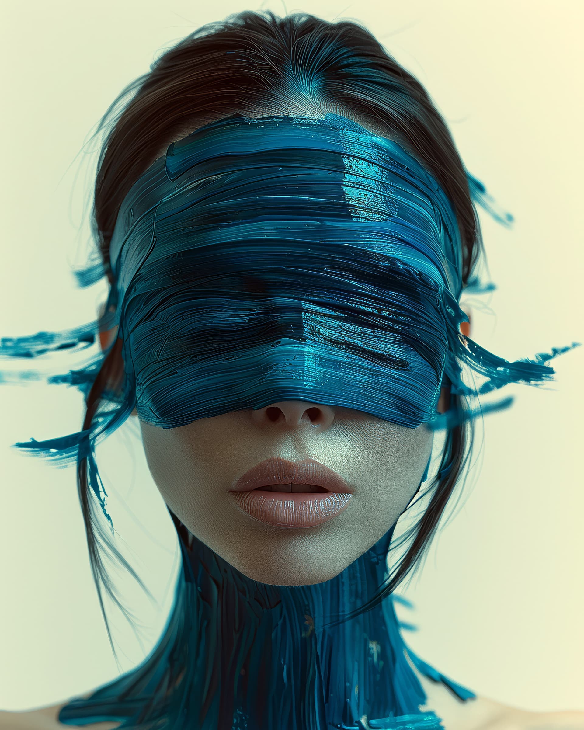AI generated: a fine art cinematic photography portrait of a women, blindfolded with a brushstroke, face straight ...
