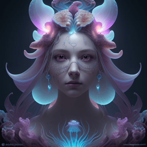 AI generated: Goddess close-up portrait ribcagel. jellyfish phoenix head, nautilus, orchid, skull, betta fish, bio...
