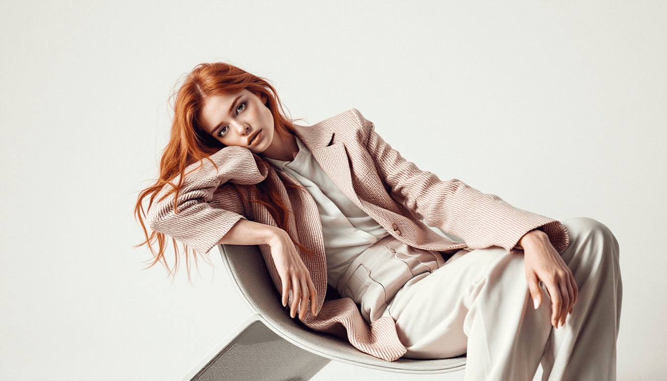 AI generated: create the image of a young 20 year old Portuguese model, thin nose, blue eyes, with red hair, long ...