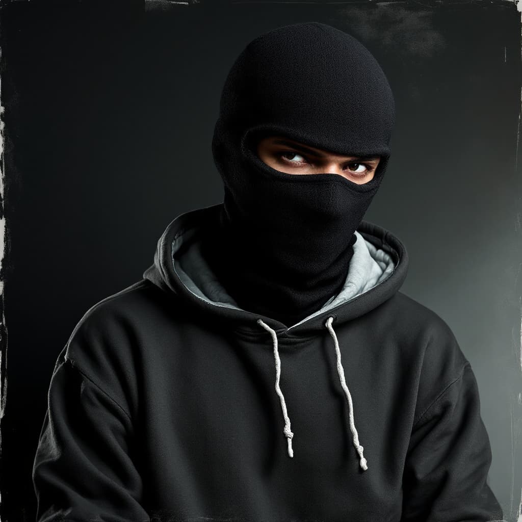 AI generated: hiphop album cover featuring a masked man wearing a balaclava, no text 