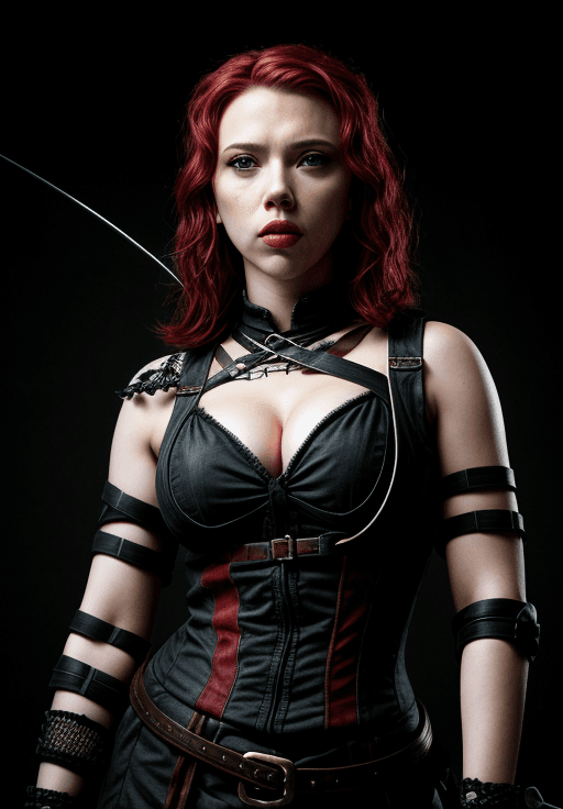 AI generated: scarlett johansson as middle age archer , pale skin, black hair, 8k, high resolution, bloody lip, ep...