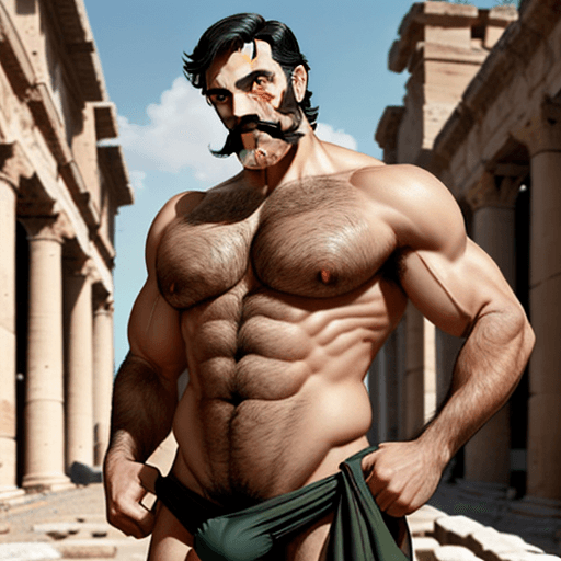 AI generated: Mature man, mustache beard, black hair, green thong, hairy, handsome, muscular, head to toe photo, s...