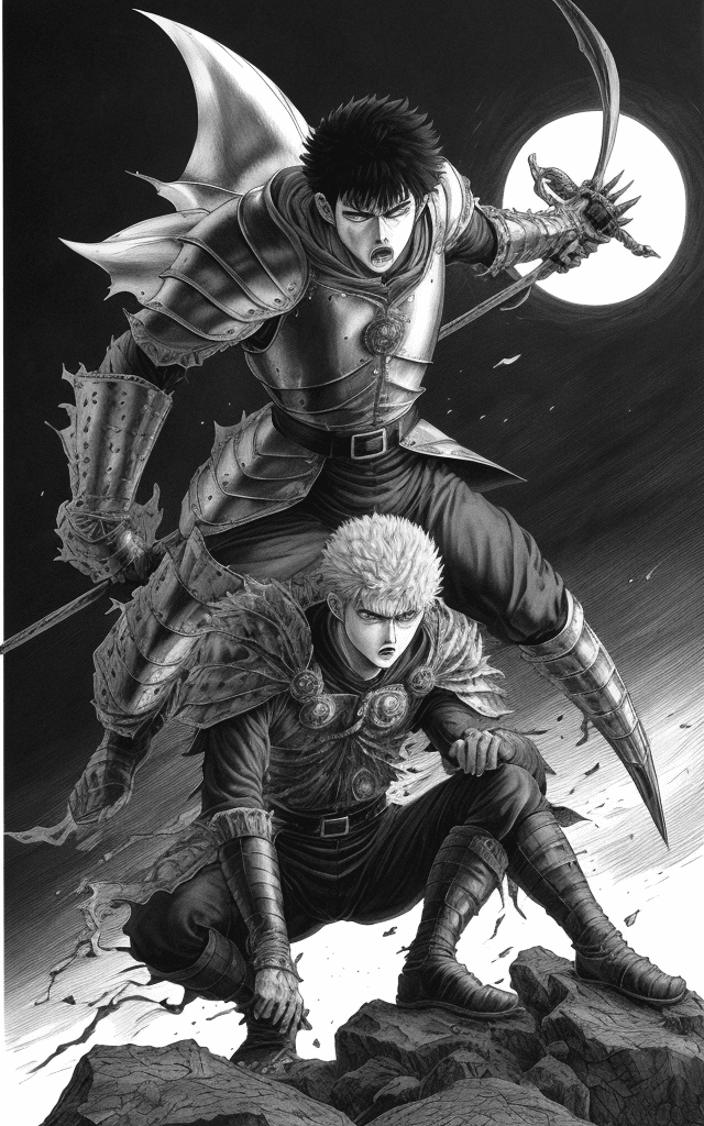AI generated: monochrome, a man with big eyes, brown hair with tuft, in golden armor, badly injured, manga, ((with...