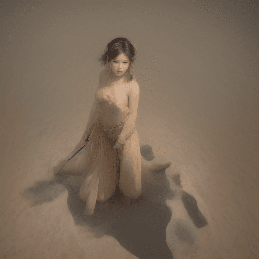 AI generated: /imagine The camera angle is a wide shot from up and above looking down at the dancer from far away....