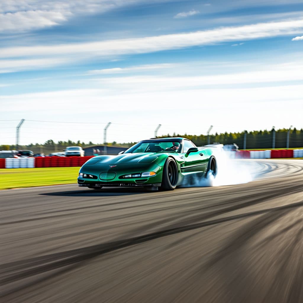 AI generated: photography, sports shooting, dynamic range, dynamic motion with a british racing green 2000 corvett...
