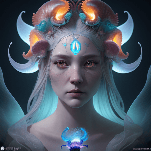 AI generated: Goddess close-up portrait ribcagel. jellyfish phoenix head, nautilus, orchid, skull, betta fish, bio...