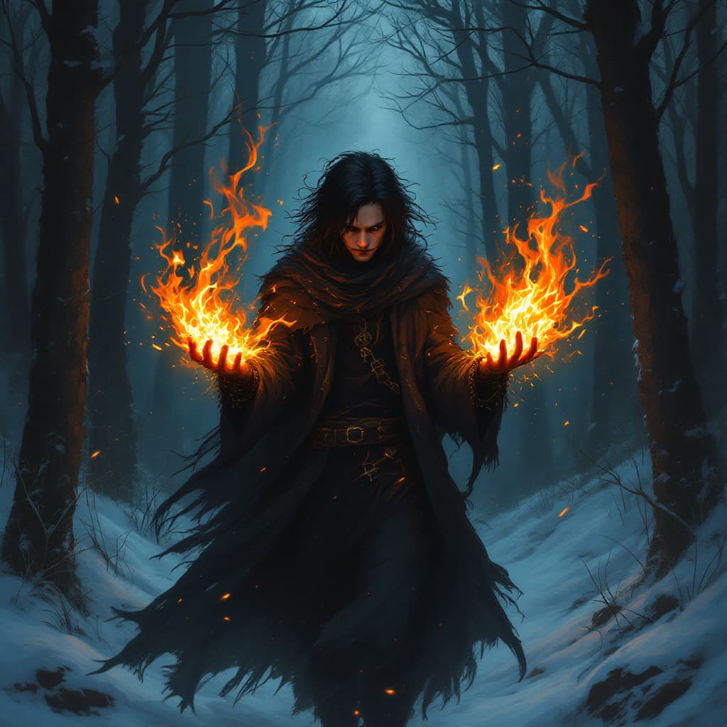 AI generated: A fiery spirit stands in a dark winter forest, a guy with black hair and his hands are engulfed in f...