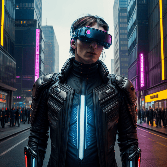 AI generated: Cyberpunk potrait of futuristic male humanoid comes from 2050 standing in a futuristic city,wearing ...