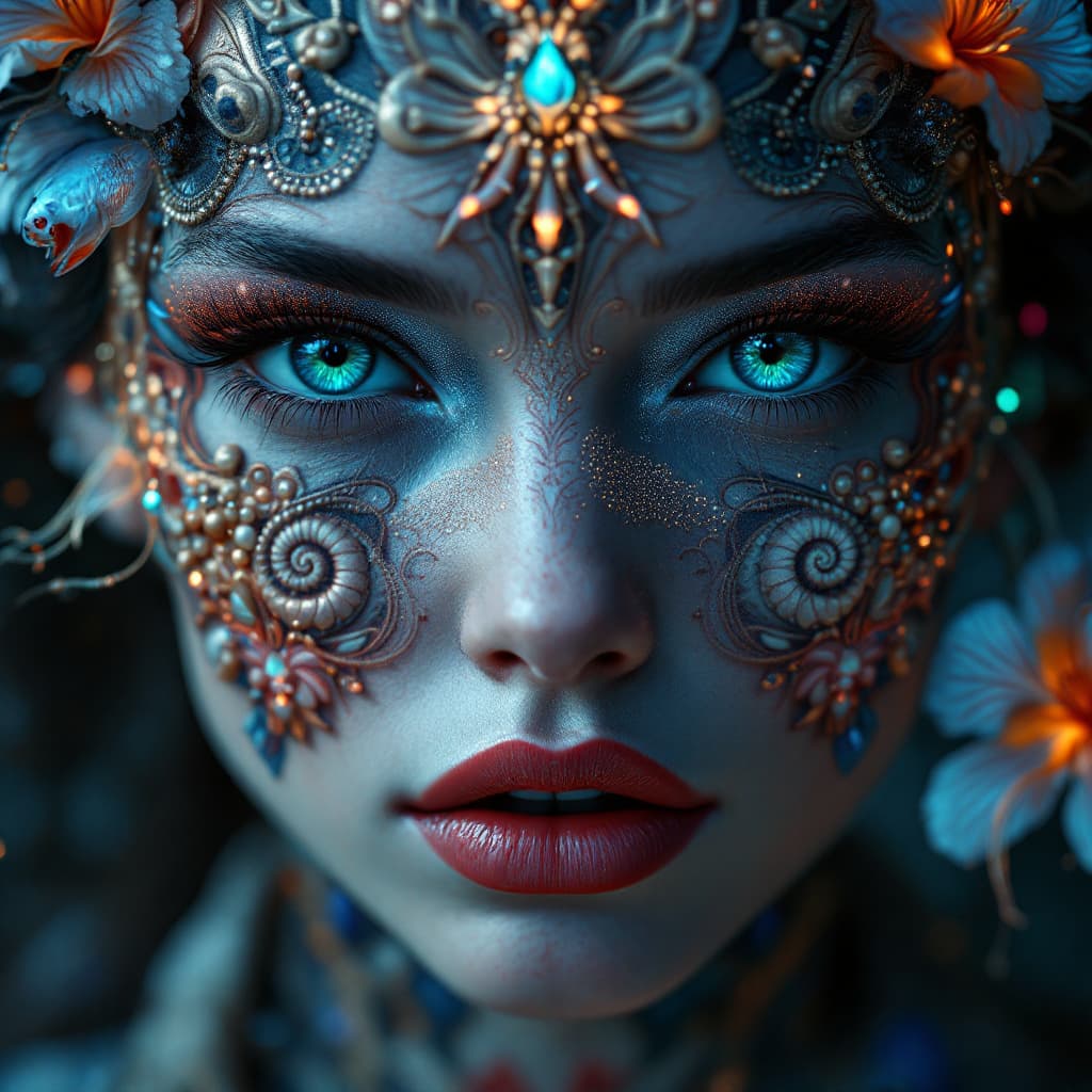 AI generated: Goddess close-up portrait ribcagel. heavilly tattooed, jellyfish phoenix head, nautilus, orchid, sku...
