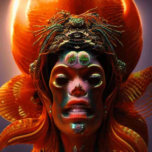 AI generated: goddess close-up portrait ribcagel. jellyfish phoenix head, nautilus, orchid, skull, betta fish, bio...