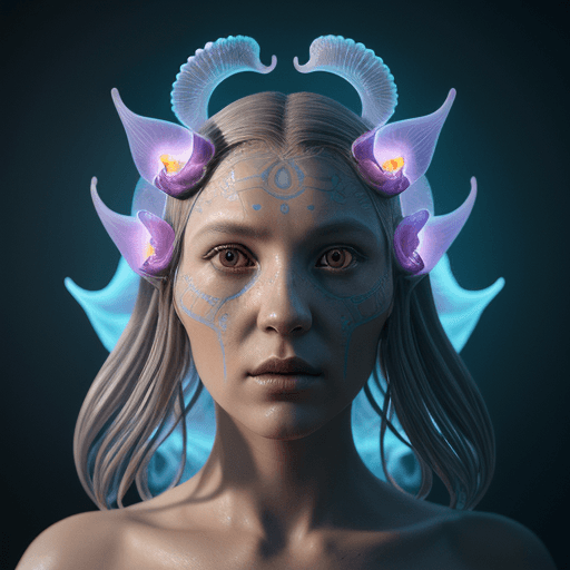 AI generated: Goddess close-up portrait ribcagel. jellyfish phoenix head, nautilus, orchid, skull, betta fish, bio...