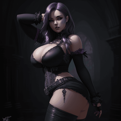 AI generated: beautiful girl, purple hair, big boobs, big ass, thick waist, black leggings, no dress, photorealist...