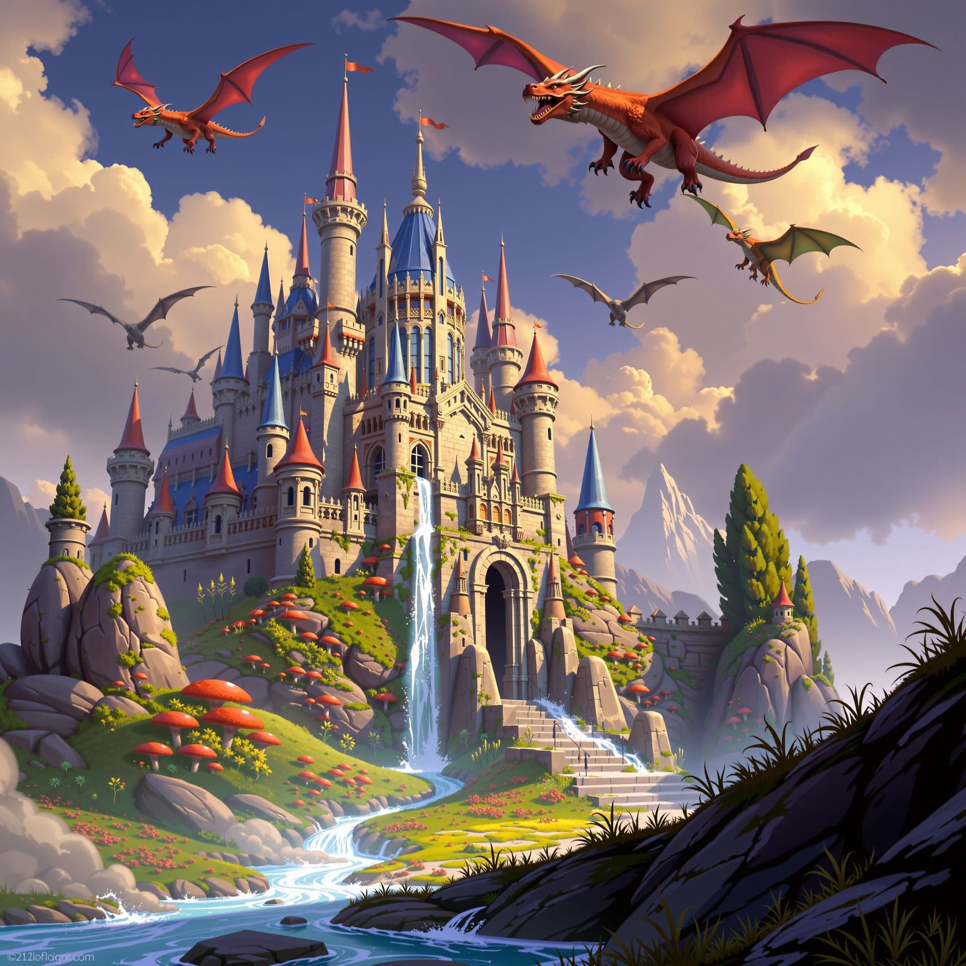 AI generated: A majestic castle built of fungi and stone, dragons soaring joyfully above, feeling of fantasy grand...