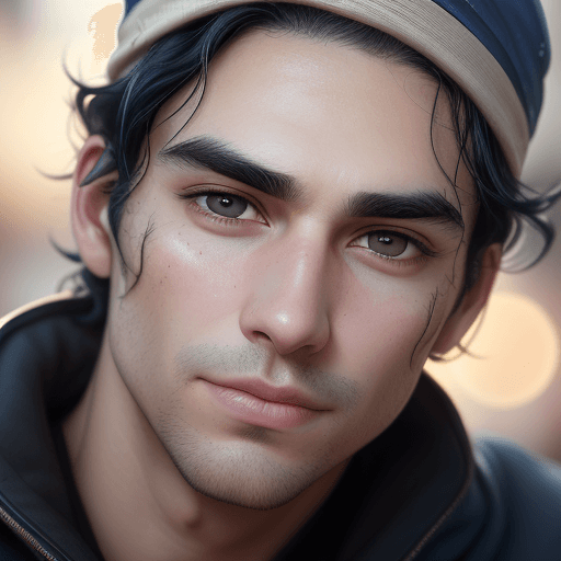AI generated: hyper realistic selfie portrait of a man of 28, messy black hair (backwards cap), dimples, chapped l...