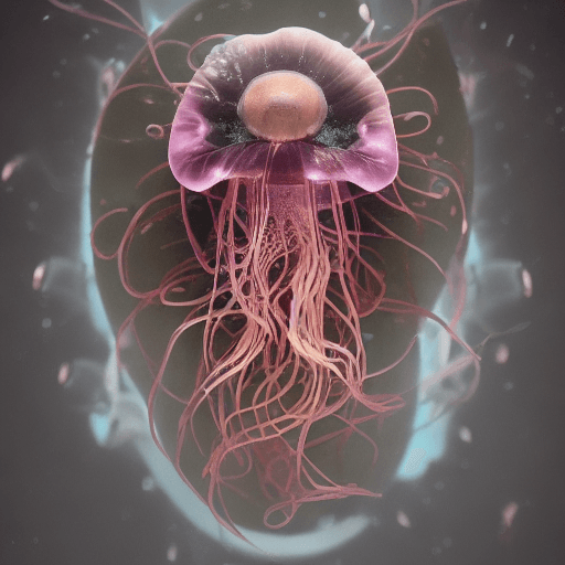 AI generated: Goddess close-up portrait ribcagel. jellyfish phoenix head, nautilus, orchid, skull, betta fish, bio...