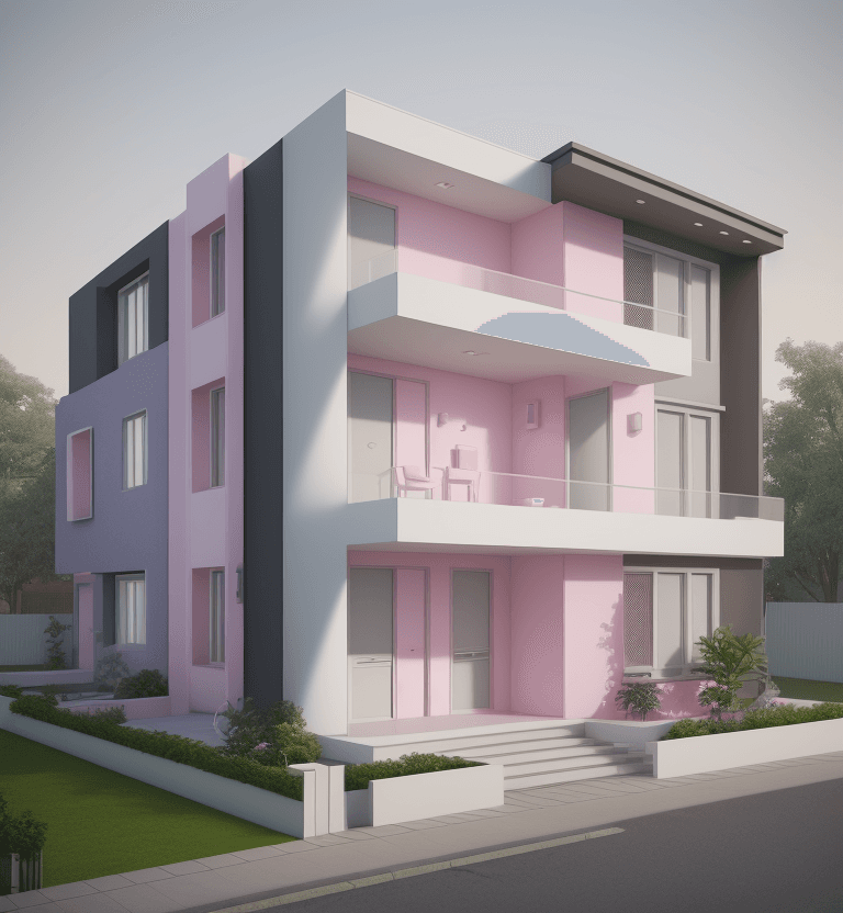 AI generated: architectural render of barbie's semi-detached house, ultra HD 8K ultra realistic and modern, (predo...