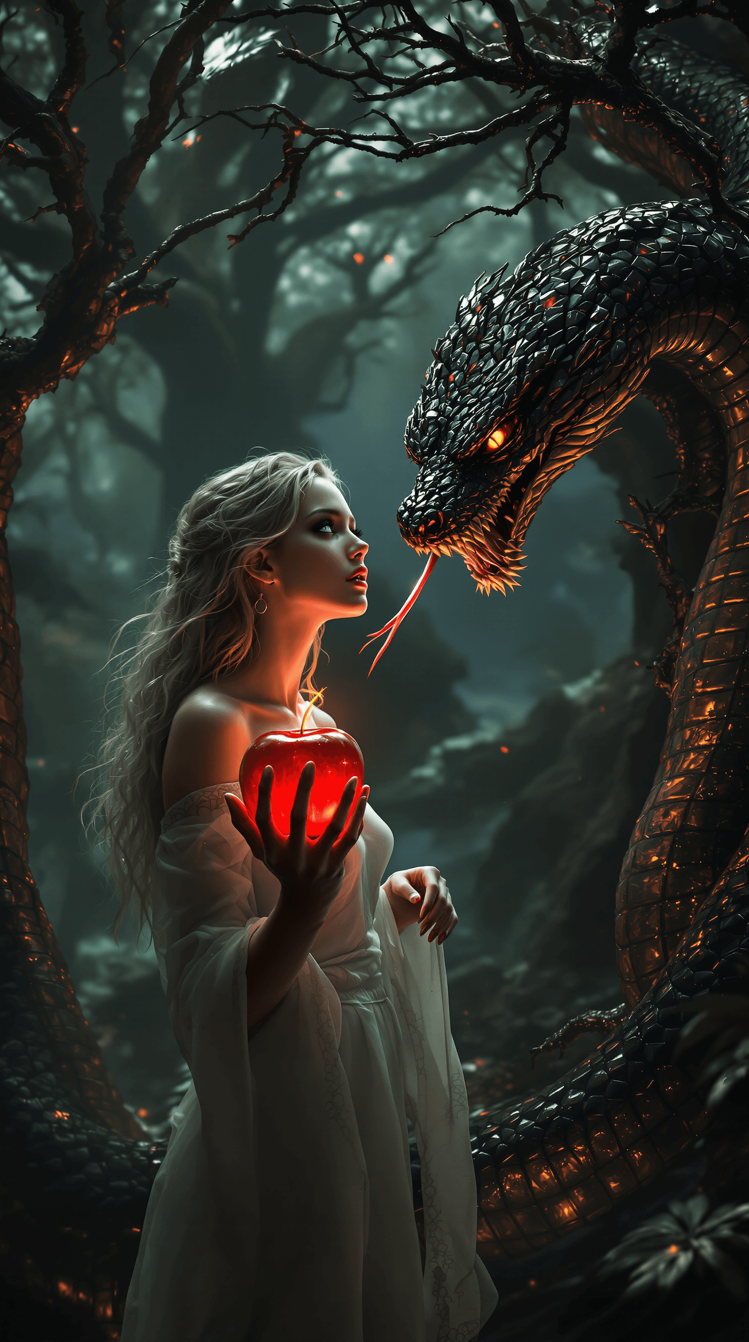 AI generated: A **hyperrealistic, breathtakingly detailed** portrayal of **Eve in the Garden of Eden**, standing a...