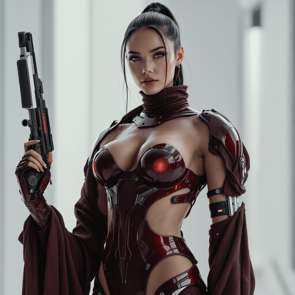 AI generated: A stunning full body (8K) masterpiece of a futuristic depiction of a female cyborg warrior, wearing ...