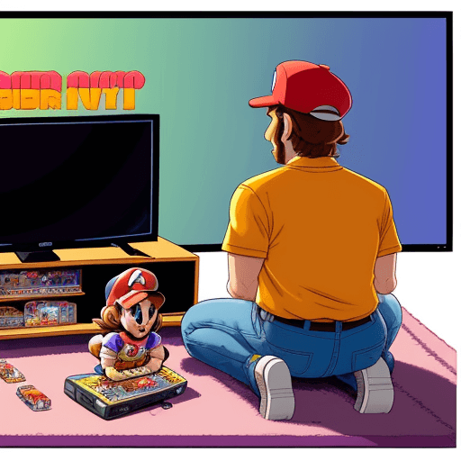 AI generated: A man dad and his two-year-old daughter sitting on the carpet, in front of them a television and a S...