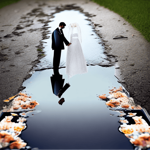 AI generated: A wedding photograph ripped in half and discarded in a puddle on the ground. Puddle reflecting a man...