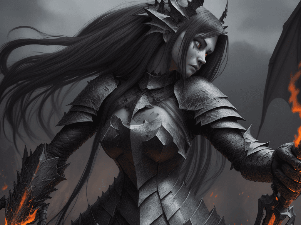 AI generated: Realistic women with black scary armor, Holding fire Sword,human face,long hair, perfectly detailed ...