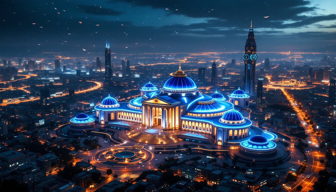 AI generated: The Central bank as seen from high above : this imposing building stands in the busy center of a fut...