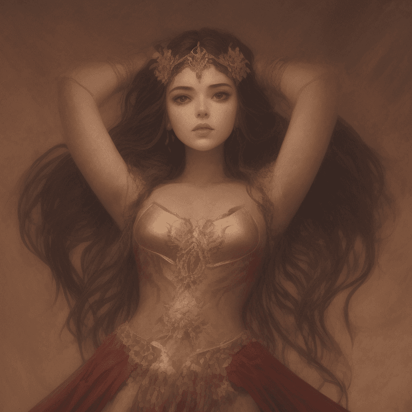 AI generated: This image depicts a woman in a stunning red and gold costume, posing confidently with her arms rais...