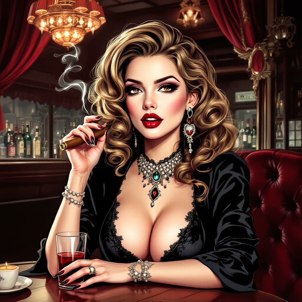 AI generated: In this mesmerizing illustration, portrait of a  Elegant female vampire , She has two cute sharp fan...