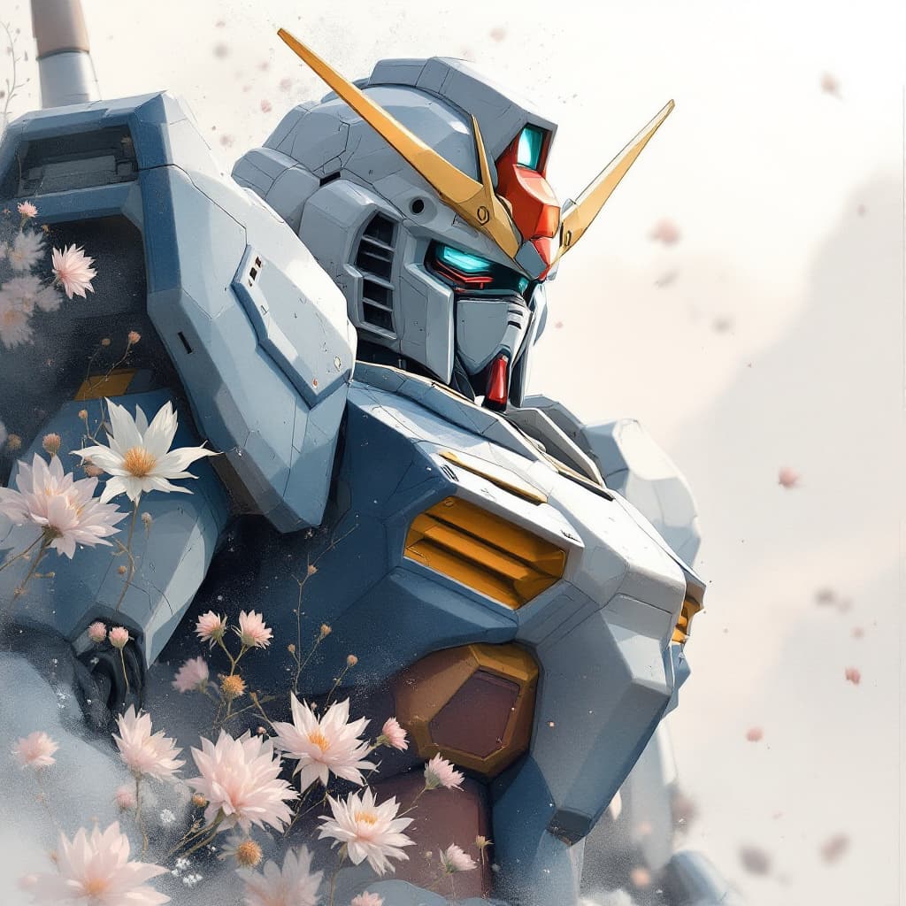 AI generated: drawing of gundam, in the style of video montages, nature-inspired art nouveau, soft-focus, I can't ...