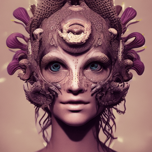 AI generated: Goddess close-up portrait ribcagel. jellyfish phoenix head, nautilus, orchid, skull, betta fish, bio...