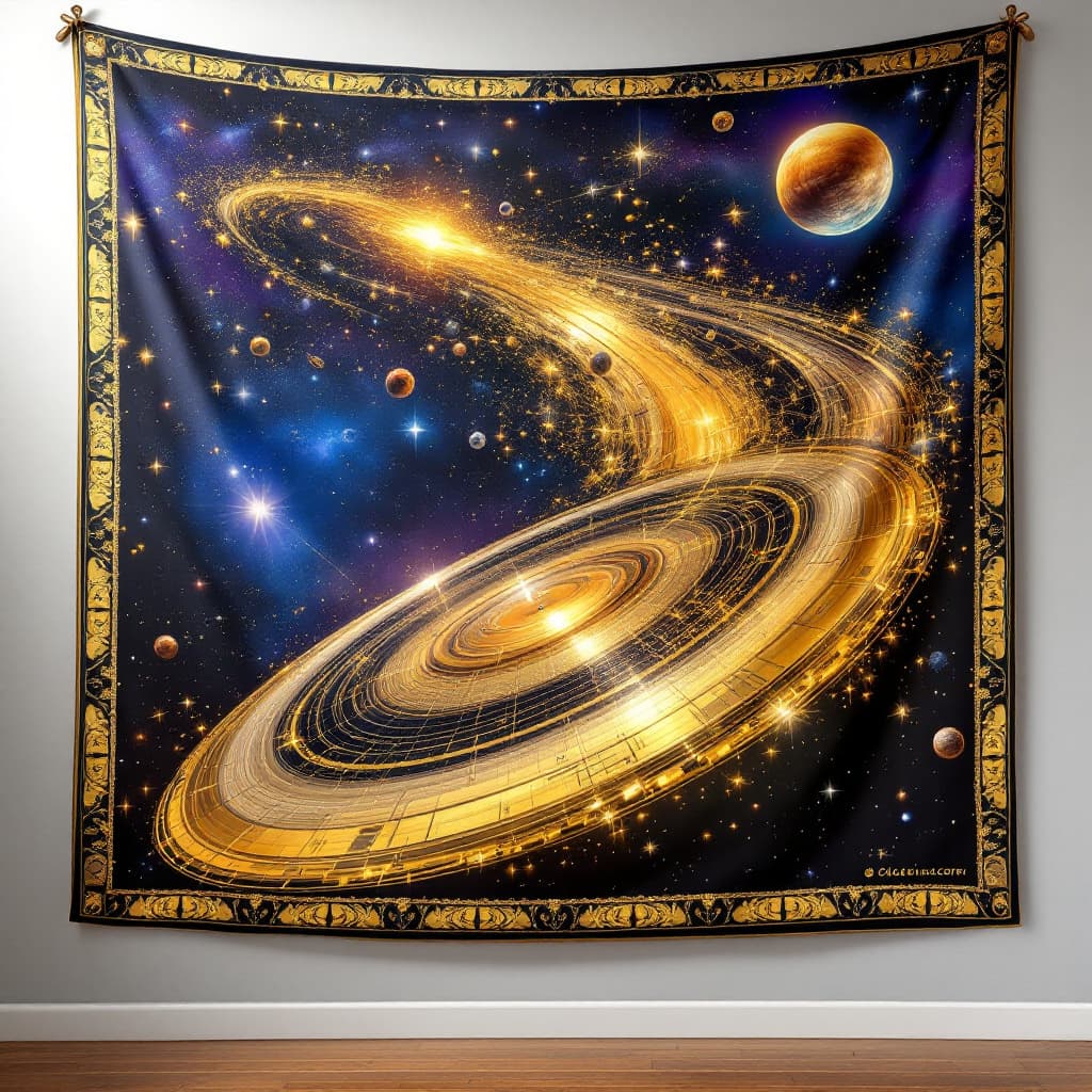 AI generated: the golden record from voyager in the tapestry of interstellar space, make the tapestry furled as if...