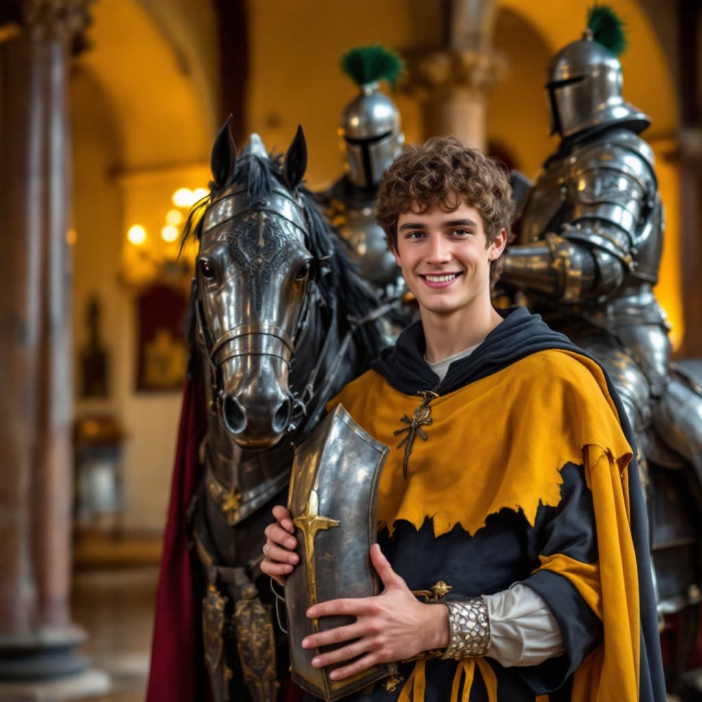 AI generated: A young man dressed as a medieval page in a yellow and black tunic stands proudly in front of a deta...