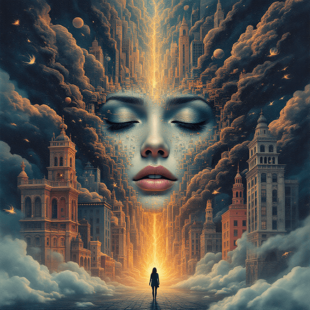 AI generated: Surreal vision of a woman as the heart of a city, her changing emotions visible in the very architec...
