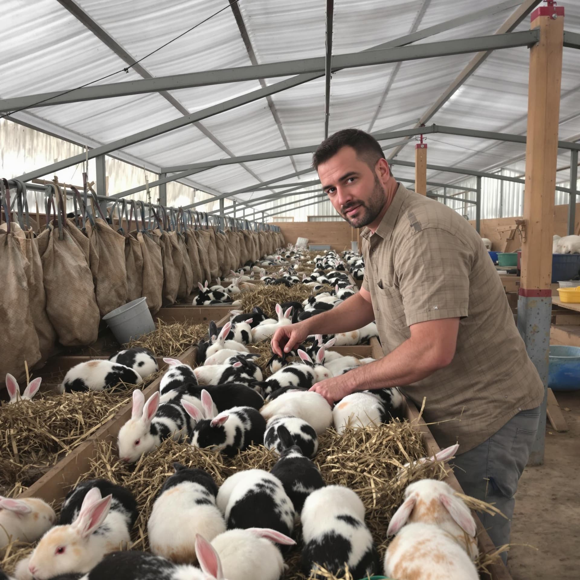 AI generated: In the photo, a man is working in a rabbitry and looking at the camera.

